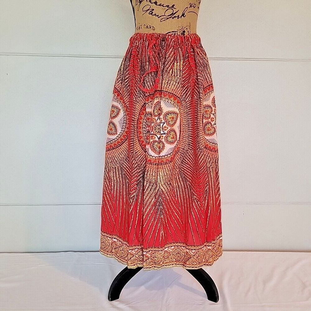 NOS Vintage 70s Boho Gypsy Peasant Skirt, Red Blue Gold Print, Nina Leslie, OS